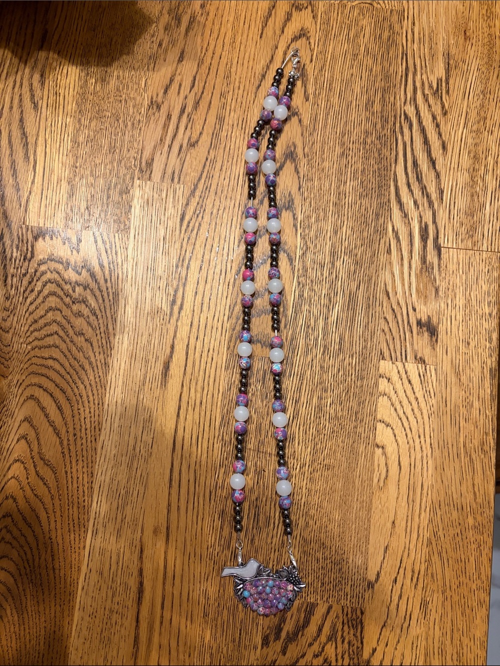 Beaded Bird Pendant Necklace - Purple and White